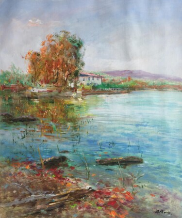 Painting titled "Lakeview 2" by Field Lynn, Original Artwork, Oil Mounted on Wood Stretcher frame