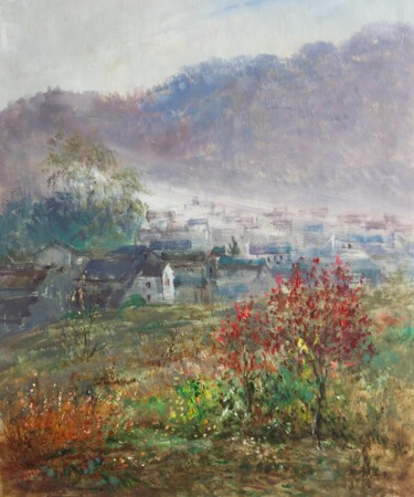 Peinture intitulée "Moutain vallage 1" par Field Lynn, Œuvre d'art originale, Huile Monté sur Châssis en bois