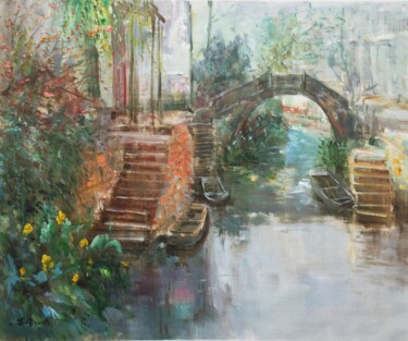 Painting titled "Stone bridge 2" by Field Lynn, Original Artwork, Oil Mounted on Wood Stretcher frame