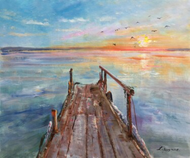 Painting titled "Sunrise" by Field Lynn, Original Artwork, Oil Mounted on Wood Stretcher frame