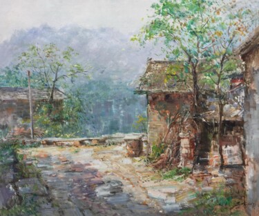 Painting titled "Village house" by Field Lynn, Original Artwork, Oil Mounted on Wood Stretcher frame