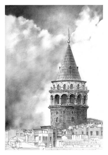 图画 标题为“İstanbul Galata Tow…” 由Fikret Özcan, 原创艺术品, 石墨