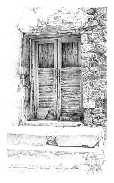 Zeichnungen mit dem Titel "Old Door" von Fikret Özcan, Original-Kunstwerk, Graphit