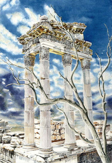 Malerei mit dem Titel "Pergamon" von Fikret Özcan, Original-Kunstwerk, Aquarell