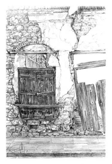 Zeichnungen mit dem Titel "Ruin Wall" von Fikret Özcan, Original-Kunstwerk, Graphit
