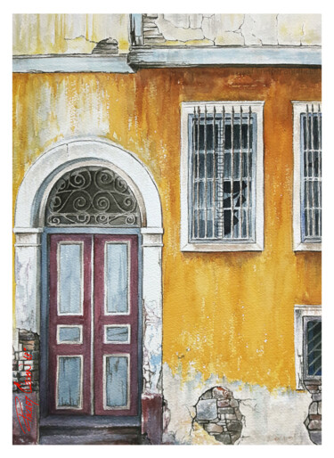 Schilderij getiteld "Yellow old house" door Fikret Özcan, Origineel Kunstwerk, Aquarel