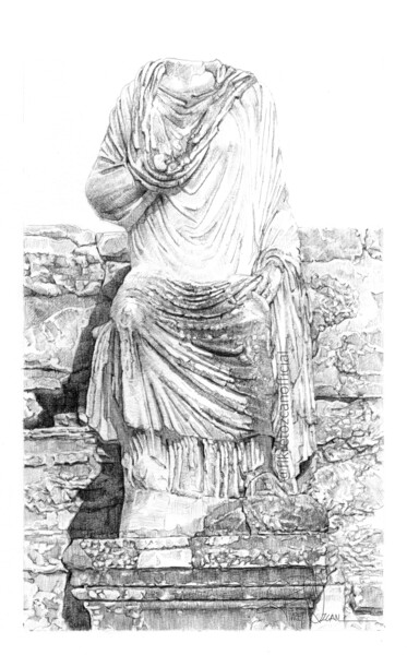 Dibujo titulada "Statue in Ephesus." por Fikret Özcan, Obra de arte original, Grafito