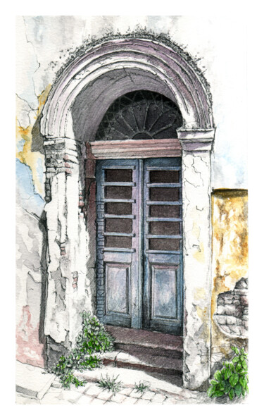 Schilderij getiteld "an old door in Ayva…" door Fikret Özcan, Origineel Kunstwerk, Aquarel