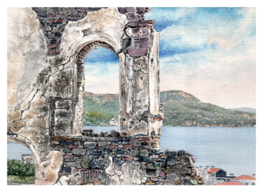 Malerei mit dem Titel "Hagia Triada Church…" von Fikret Özcan, Original-Kunstwerk, Aquarell