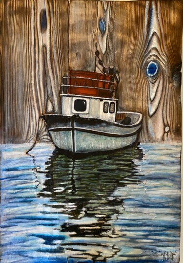 Painting titled "The boat" by Fikret Şen, Original Artwork, Acrylic