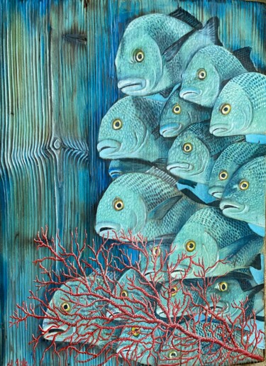 Painting titled "The fishes in the b…" by Fikret Şen, Original Artwork, Acrylic