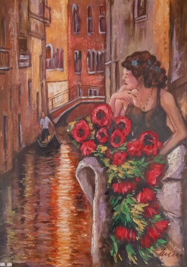 Painting titled "Lady Of Venice - Oi…" by Filip Petrovic, Original Artwork, Oil Mounted on Wood Stretcher frame