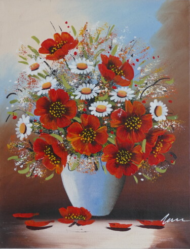 Painting titled "Red poppies in a va…" by Filip Petrovic, Original Artwork, Acrylic Mounted on Wood Stretcher frame