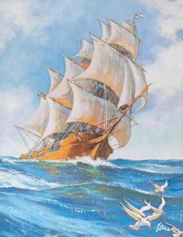 Peinture intitulée "Painting of Ship at…" par Filip Petrovic, Œuvre d'art originale, Acrylique