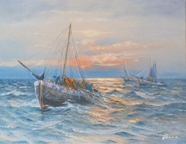 Painting titled "Fishing boats, acry…" by Filip Petrovic, Original Artwork, Acrylic