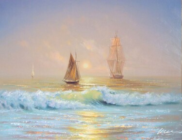 Painting titled "Boats sailing out,…" by Filip Petrovic, Original Artwork, Oil