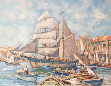 Schilderij getiteld "Boats and a ship in…" door Filip Petrovic, Origineel Kunstwerk, Olie
