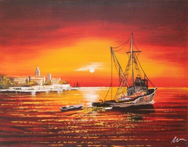 Painting titled "Red Sunset City of…" by Filip Petrovic, Original Artwork, Acrylic