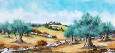 Peinture intitulée "Village and olive t…" par Filip Petrovic, Œuvre d'art originale, Huile