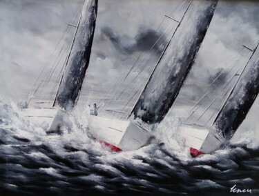 Painting titled "Sailing boats and t…" by Filip Petrovic, Original Artwork, Oil