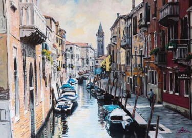 Painting titled "Venice canal, oil p…" by Filip Petrovic, Original Artwork, Oil