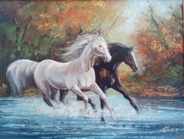 Painting titled "Two galloping horse…" by Filip Petrovic, Original Artwork, Acrylic