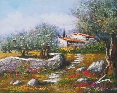 Painting titled "Village acrylic pri…" by Filip Petrovic, Original Artwork, Acrylic