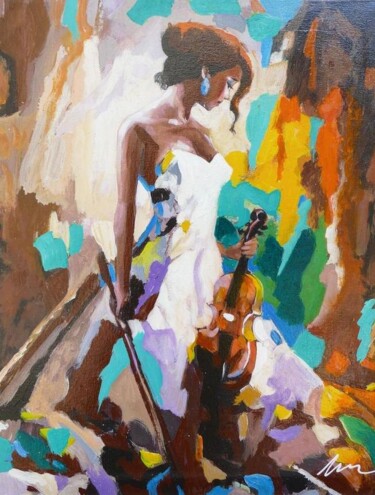 Schilderij getiteld "Woman with a violin…" door Filip Petrovic, Origineel Kunstwerk, Olie