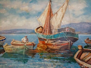 Malerei mit dem Titel "Fisherman in a boat…" von Filip Petrovic, Original-Kunstwerk, Acryl
