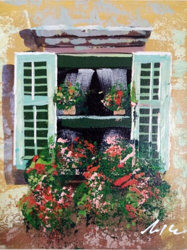 Peinture intitulée "Window with flowers…" par Filip Petrovic, Œuvre d'art originale, Acrylique
