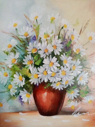Painting titled "Daisies in a vase a…" by Filip Petrovic, Original Artwork, Acrylic