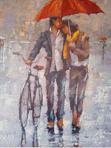 Painting titled "Couple in the rain…" by Filip Petrovic, Original Artwork, Oil