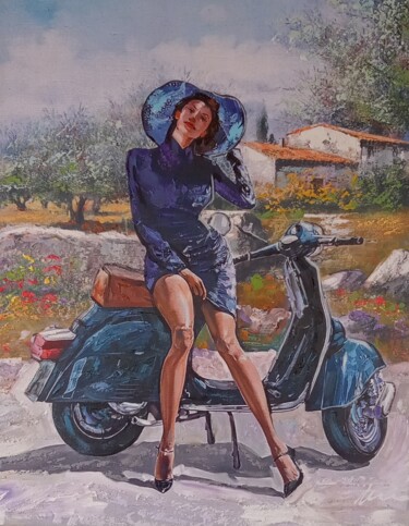 Painting titled "Woman sitting on Ve…" by Filip Petrovic, Original Artwork, Oil
