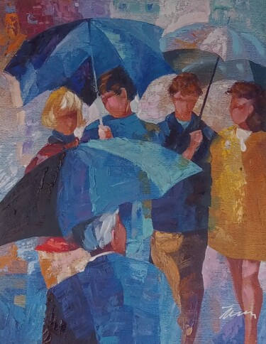 Painting titled "People in the rain…" by Filip Petrovic, Original Artwork, Oil