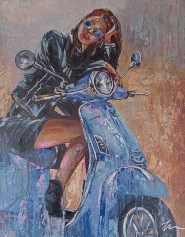 Painting titled "Woman on Vespa scoo…" by Filip Petrovic, Original Artwork, Oil
