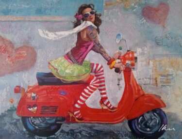 Malarstwo zatytułowany „Woman on red Vespa…” autorstwa Filip Petrovic, Oryginalna praca, Olej