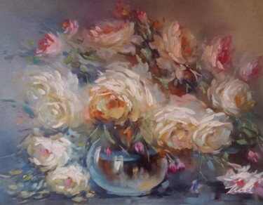 Painting titled "Flowers in a vase o…" by Filip Petrovic, Original Artwork, Oil