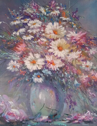 Painting titled "White flowers in a…" by Filip Petrovic, Original Artwork, Oil