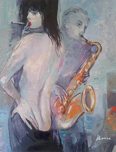 Schilderij getiteld "Women, saxophone an…" door Filip Petrovic, Origineel Kunstwerk, Olie