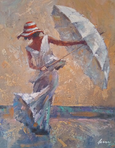 Painting titled "Woman with a white…" by Filip Petrovic, Original Artwork, Oil