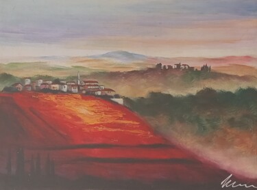 Painting titled "Village and church…" by Filip Petrovic, Original Artwork, Acrylic