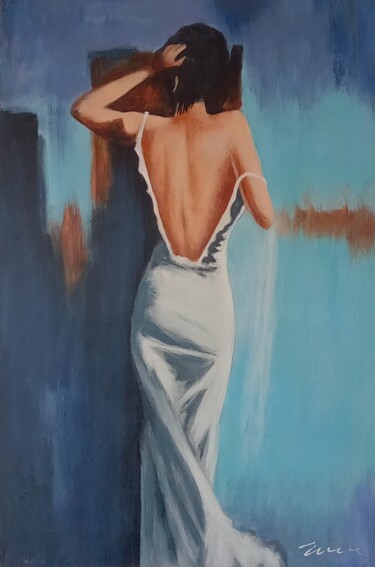 Painting titled "Woman in a white dr…" by Filip Petrovic, Original Artwork, Oil