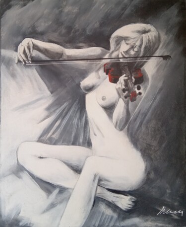 Peinture intitulée "Nude woman playing…" par Filip Petrovic, Œuvre d'art originale, Huile