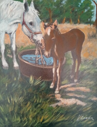 Картина под названием "White and brown hor…" - Filip Petrovic, Подлинное произведение искусства, Масло