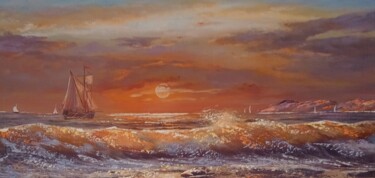 Painting titled "Waves and sunset ac…" by Filip Petrovic, Original Artwork, Acrylic