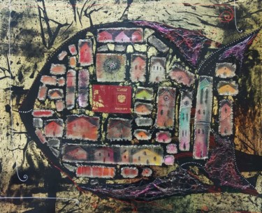 Картина под названием "Рыба с пашпортом" - Филипп Казак, Подлинное произведение искусства, Акрил Установлен на Деревянная ра…
