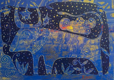 Painting titled "Cloud and blue bull." by Filipp Kazak, Original Artwork, Oil