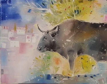 Painting titled "Bull and olive tree." by Filipp Kazak, Original Artwork, Oil Mounted on artwork_cat.