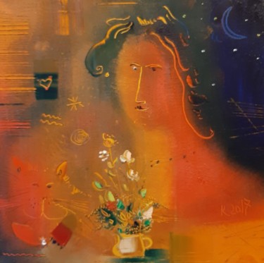 Картина под названием "Портрет девушки с к…" - Филипп Казак, Подлинное произведение искусства, Масло
