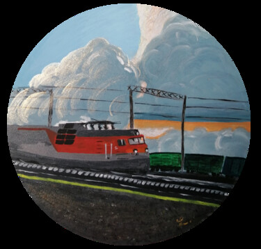 Картина под названием "Red Train" - Filius Kasimov, Подлинное произведение искусства, Акрил